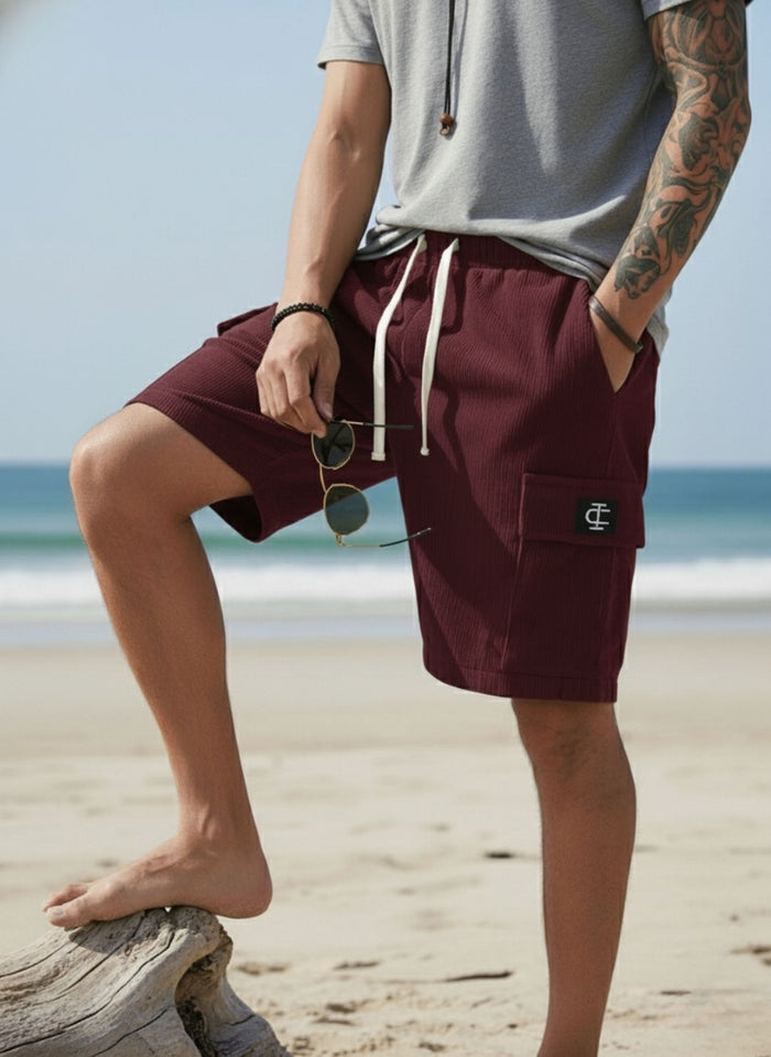 Men's Deep Maroon Premium Ribbed Texture Cargo Shorts