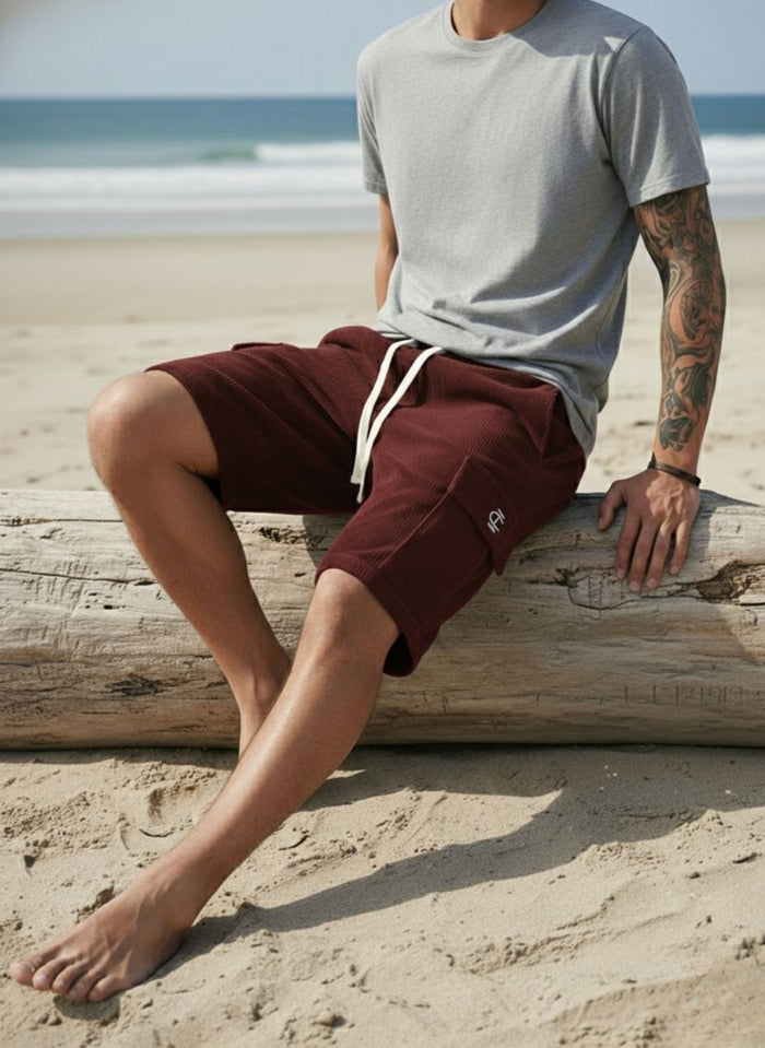 Men's Deep Maroon Premium Ribbed Texture Cargo Shorts