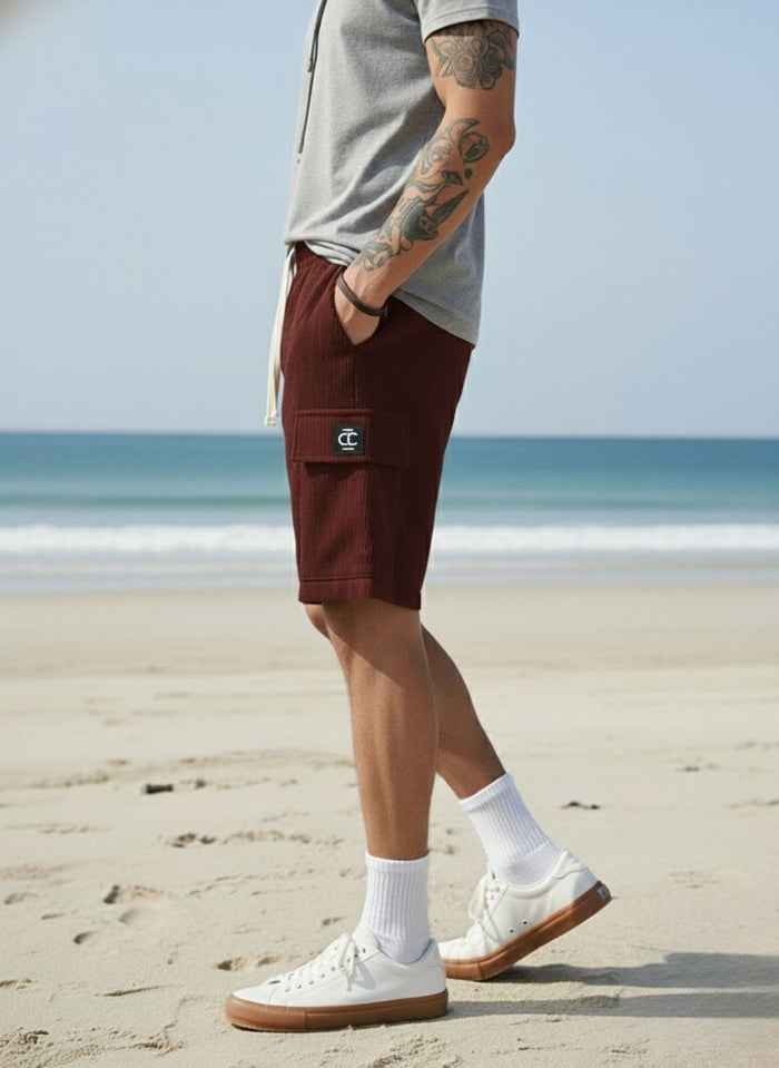 Men's Deep Maroon Premium Ribbed Texture Cargo Shorts