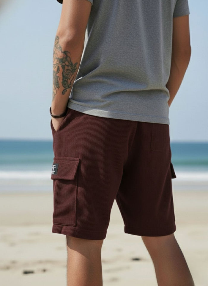 Men's Deep Maroon Premium Ribbed Texture Cargo Shorts