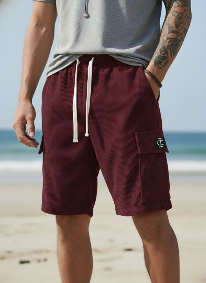 Men's Deep Maroon Premium Ribbed Texture Cargo Shorts