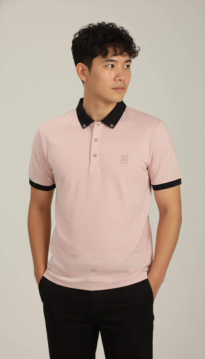 Men’s Dusty Pink Premium Stretch Polo with Contrast Ribbed Collar T-Shirt
