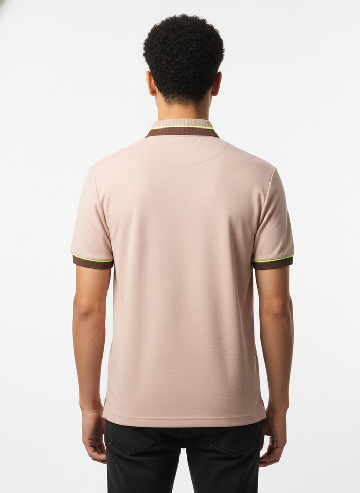 Men's Dusty Pink Textured Zip-Polo T-Shirt with Neon Collar Accent