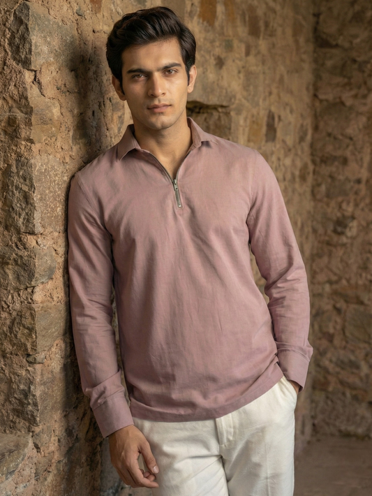 Men’s Dusty Rose Premium Quarter-Zip Long Sleeve Polo Shirt