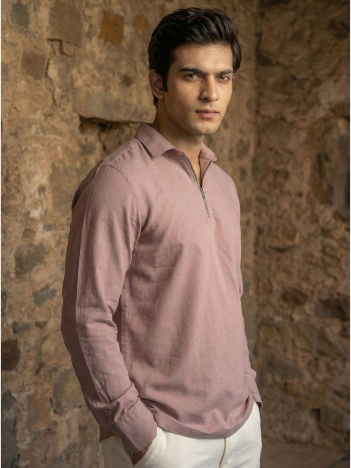 Men’s Dusty Rose Premium Quarter-Zip Long Sleeve Polo Shirt