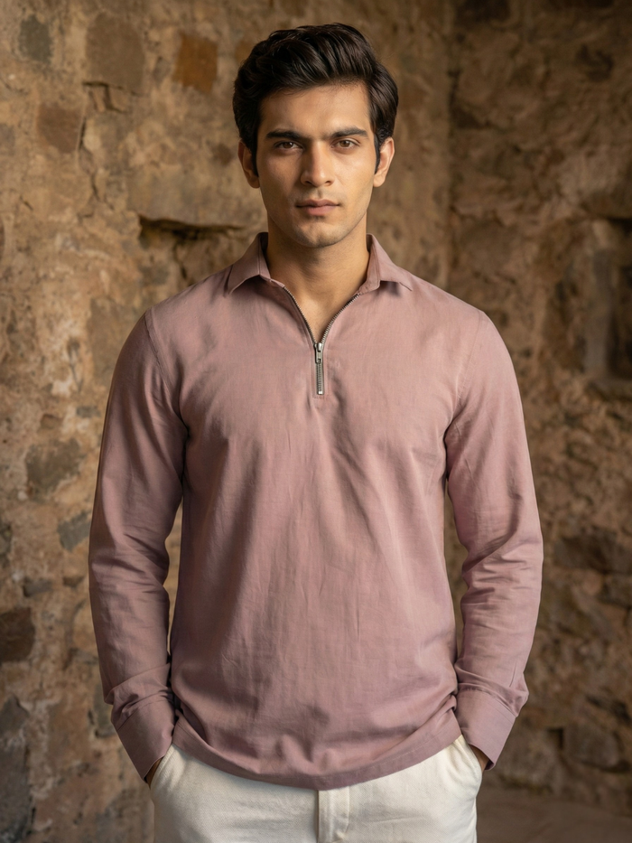 Men’s Dusty Rose Premium Quarter-Zip Long Sleeve Polo Shirt