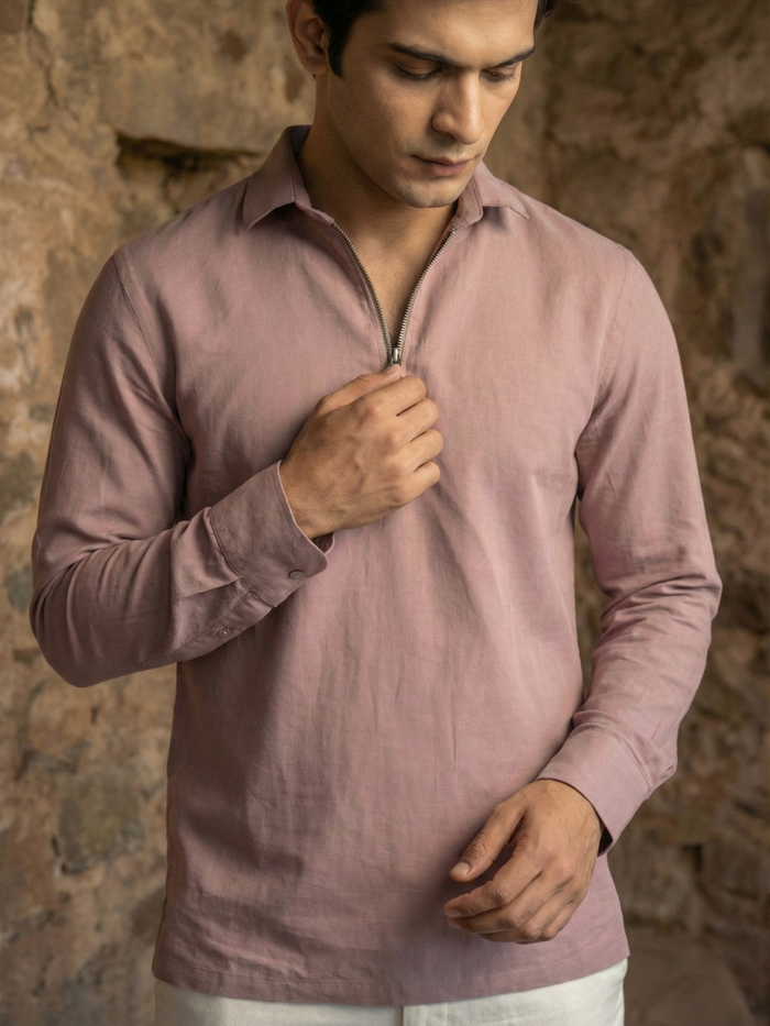 Men’s Dusty Rose Premium Quarter-Zip Long Sleeve Polo Shirt
