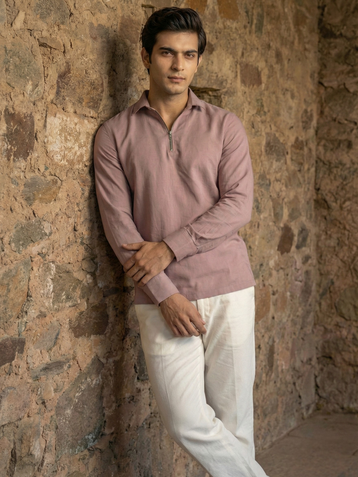 Men’s Dusty Rose Premium Quarter-Zip Long Sleeve Polo Shirt