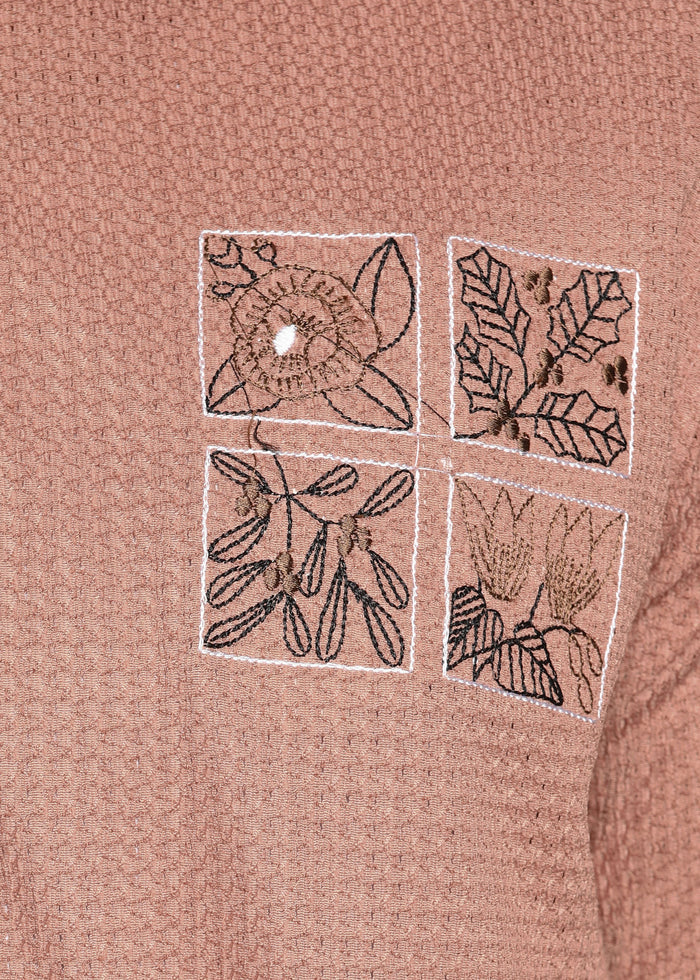 Men’s Dusty Rose Textured Regular Fit Shirt with Floral Chest Embroidery