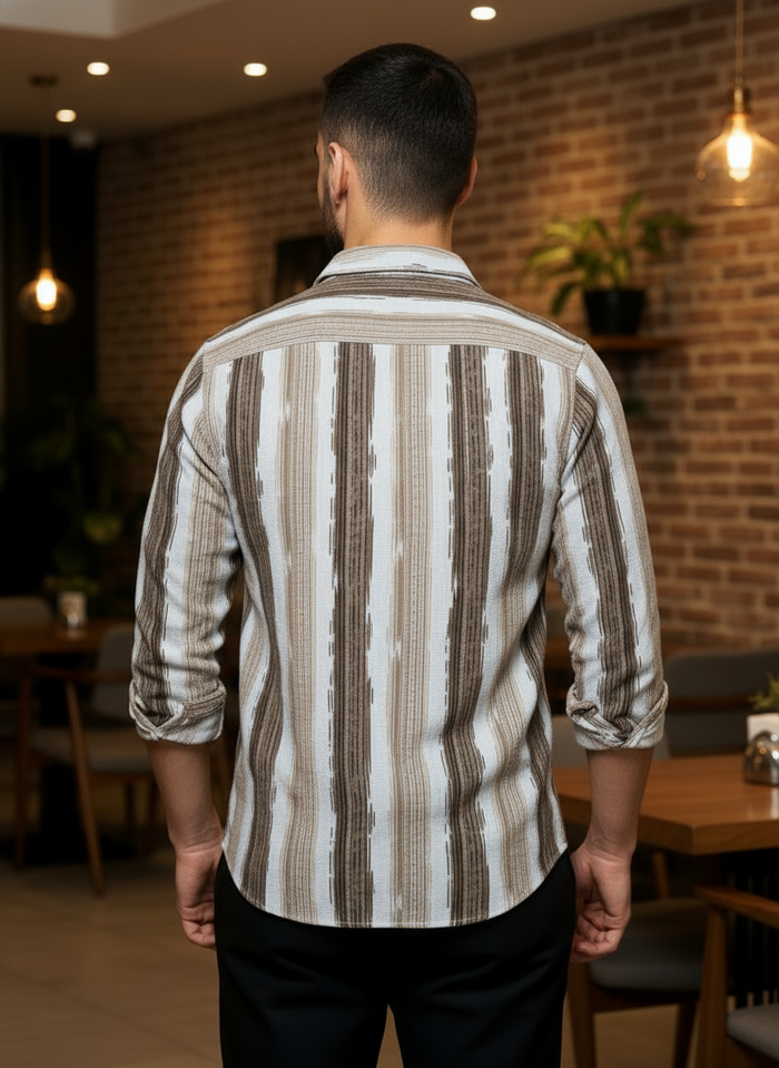 Men's Earth Brown Abstract Stripe Winkle Ribbed Shirt