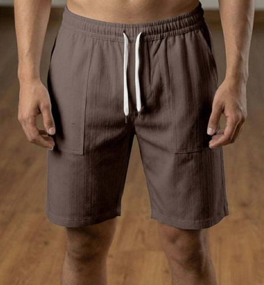 Men’s Earthy Mocha Textured Polyester Jute Drawstring Shorts