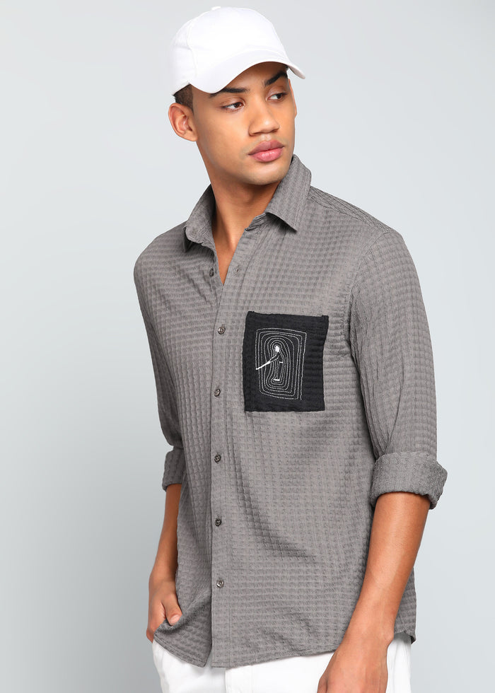 Men’s Grey Textured Polyester Long Sleeve Shirt with Contrast Graphic Patch
