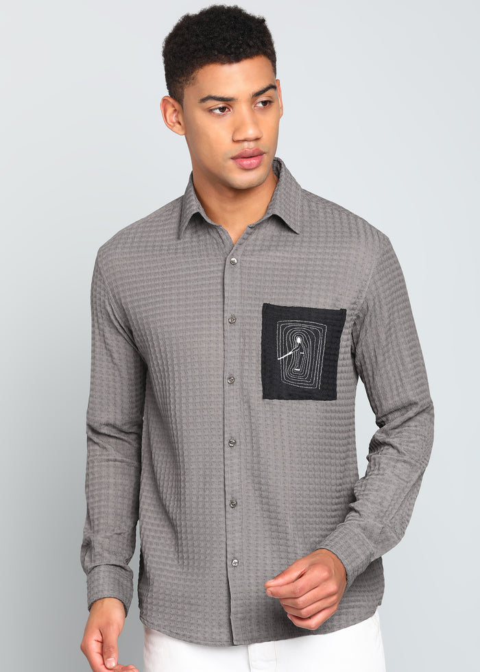 Men’s Grey Textured Polyester Long Sleeve Shirt with Contrast Graphic Patch