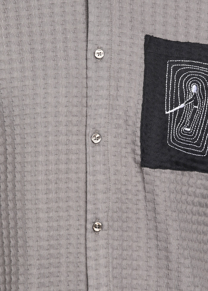Men’s Grey Textured Polyester Long Sleeve Shirt with Contrast Graphic Patch