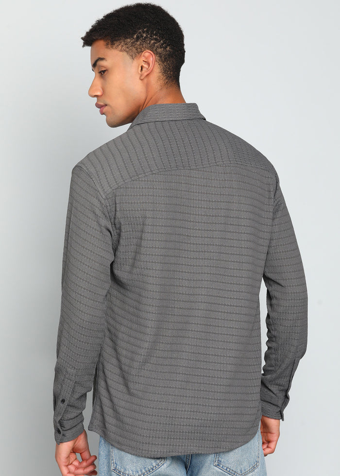 Men’s Grey Textured Polyester Long-Sleeve Shirt with Multi-Color Flower Embroidery