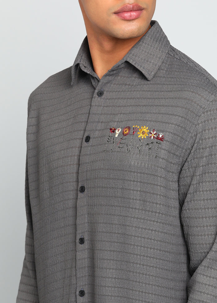 Men’s Grey Textured Polyester Long-Sleeve Shirt with Multi-Color Flower Embroidery