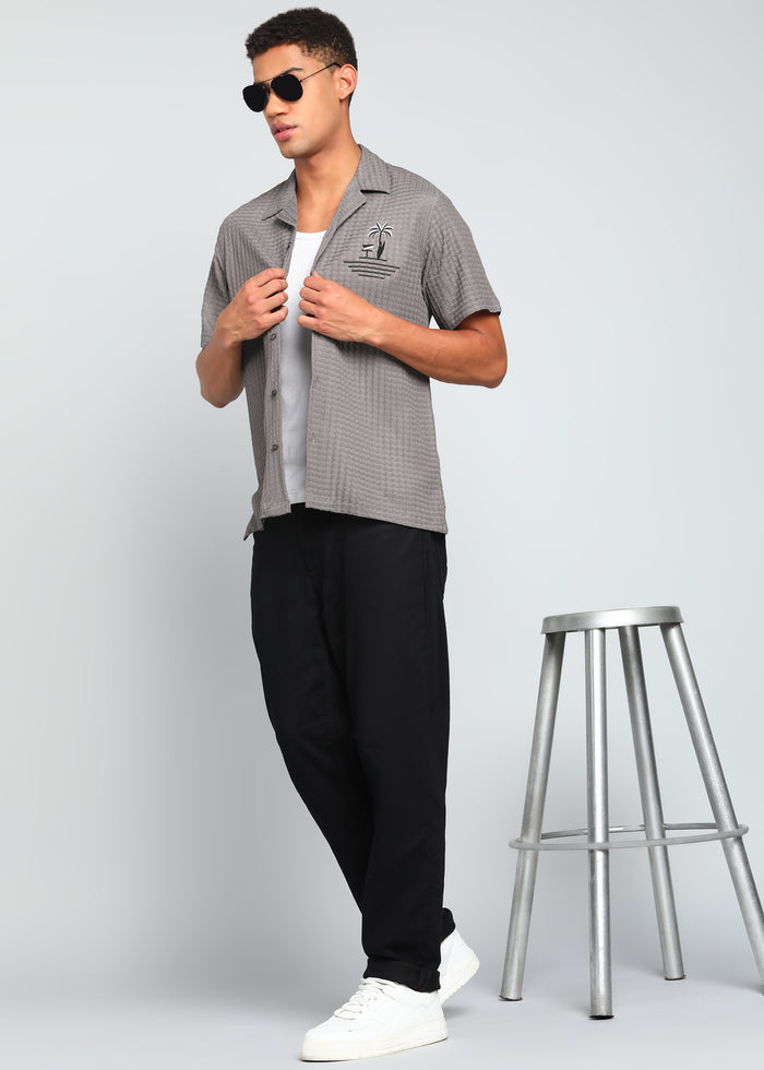 Men’s Grey Textured Seersucker Cuban Collar Shirt with Palm Embroidery