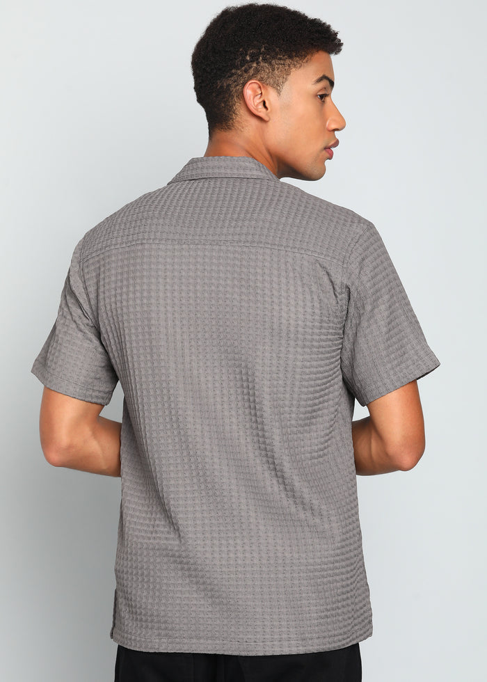 Men’s Grey Textured Seersucker Cuban Collar Shirt with Palm Embroidery