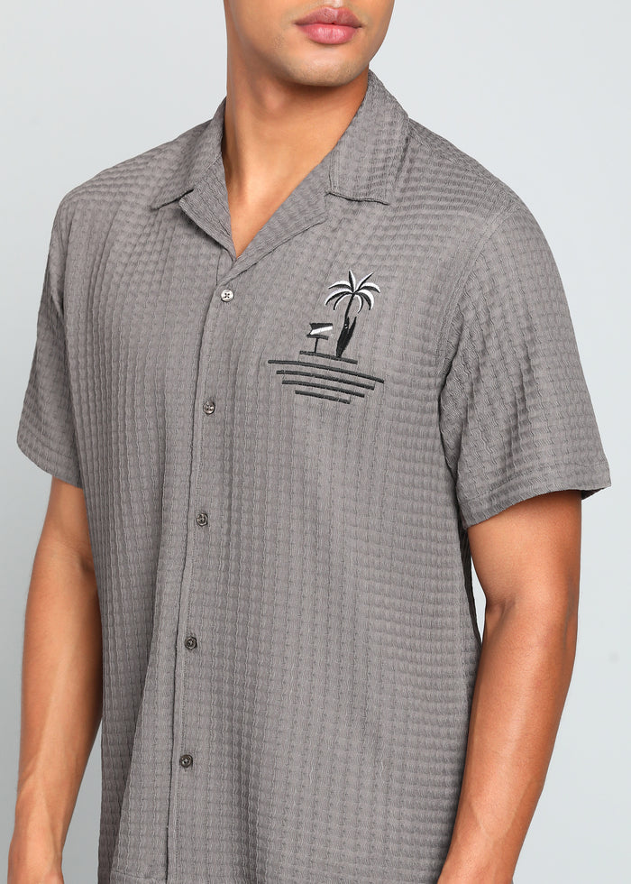 Men’s Grey Textured Seersucker Cuban Collar Shirt with Palm Embroidery
