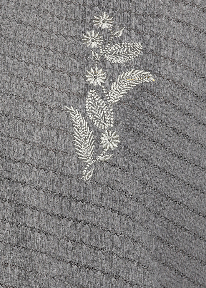 Men’s Grey Textured Short-Sleeve Cuban Shirt with Floral Embroidery