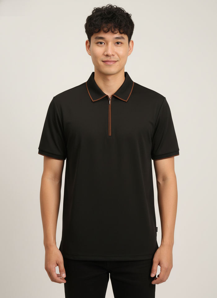 Men's Jet Black Modern Contrast Trim Zip-Neck Polo T-Shirt