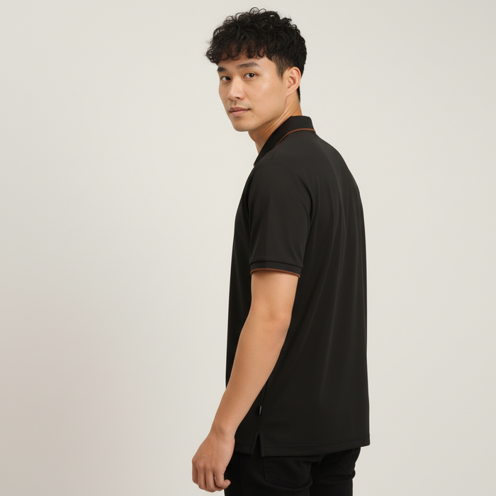Men's Jet Black Modern Contrast Trim Zip-Neck Polo T-Shirt