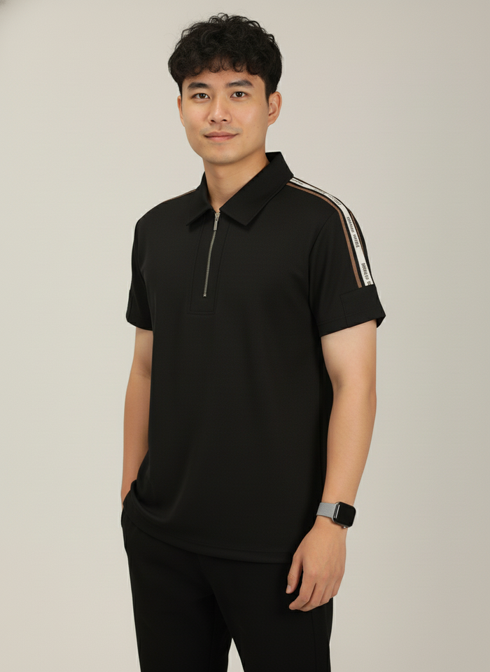 Men's Jet Black Premium Shoulder-Stripe Zip Polo T-Shirt