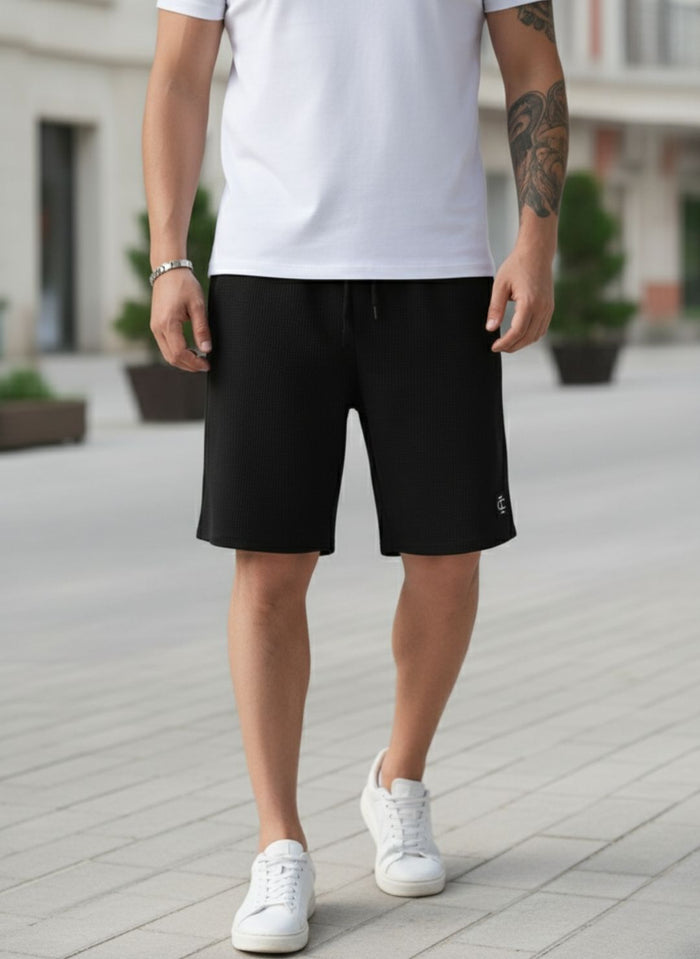 Men's Jet Black Premium Waffle Knit Shorts