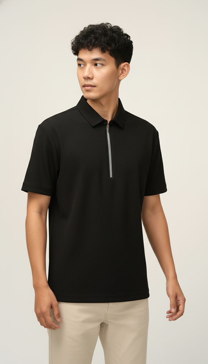 Men’s Jet Black Textured Ribbed Zip Polo T-Shirt