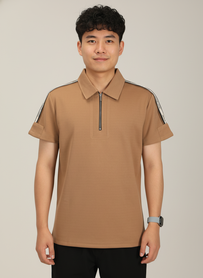 Men's Khakhi Premium Shoulder-Stripe Zip Polo T-Shirt
