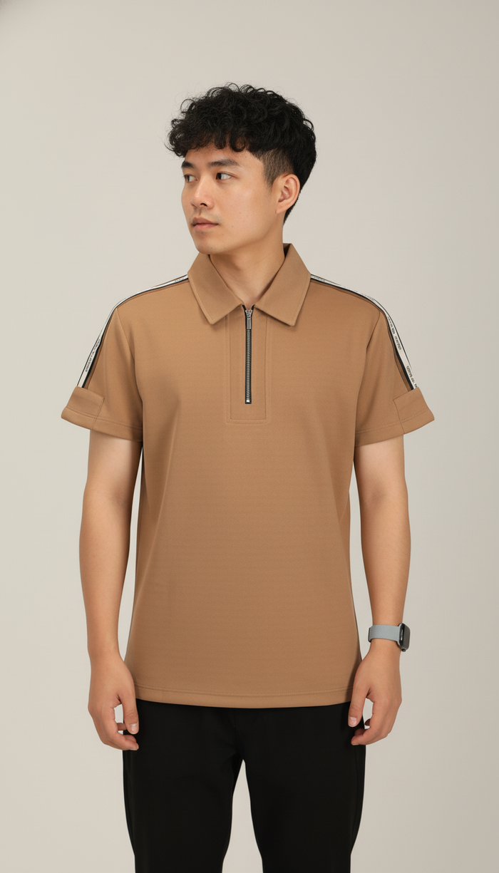 Men's Khakhi Premium Shoulder-Stripe Zip Polo T-Shirt