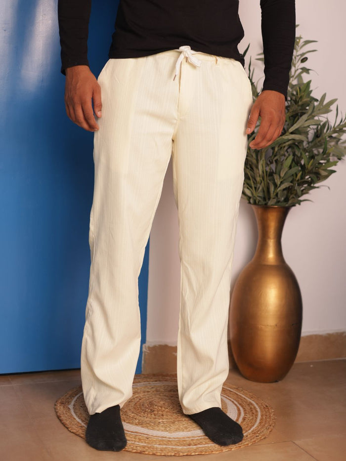 Men's Light Cream Casual Slub Drawstring Pants