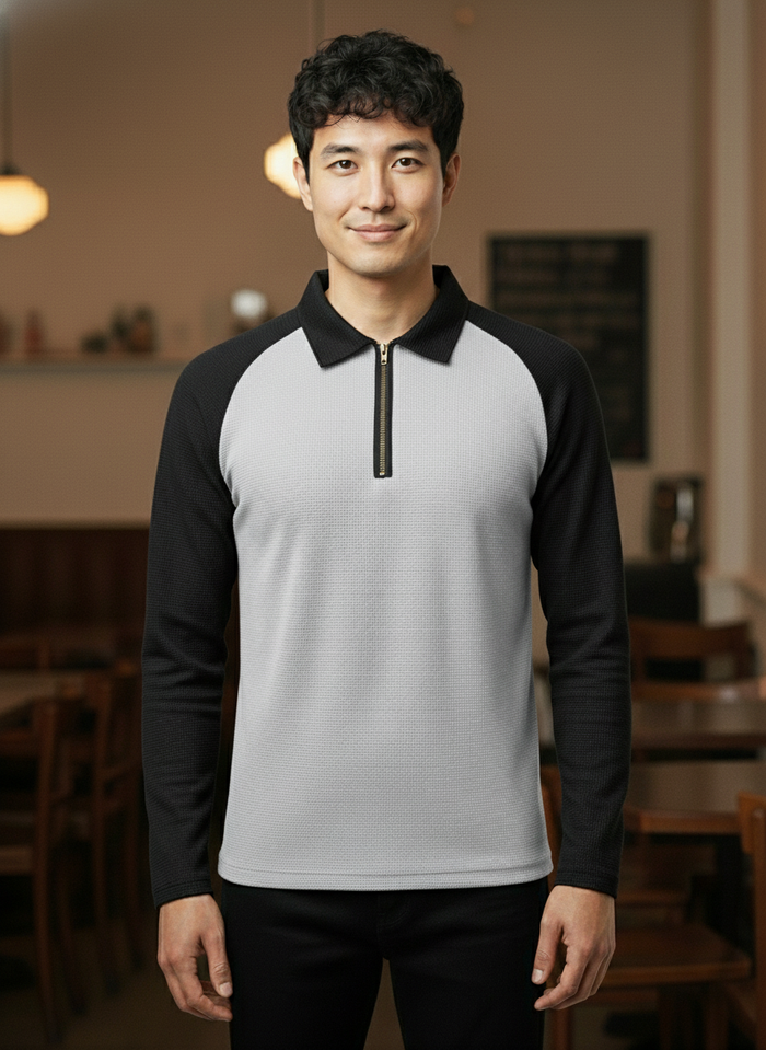 Men’s Light Gray & Black Waffle Knit Quarter-Zip Long Sleeve Polo T-shirt