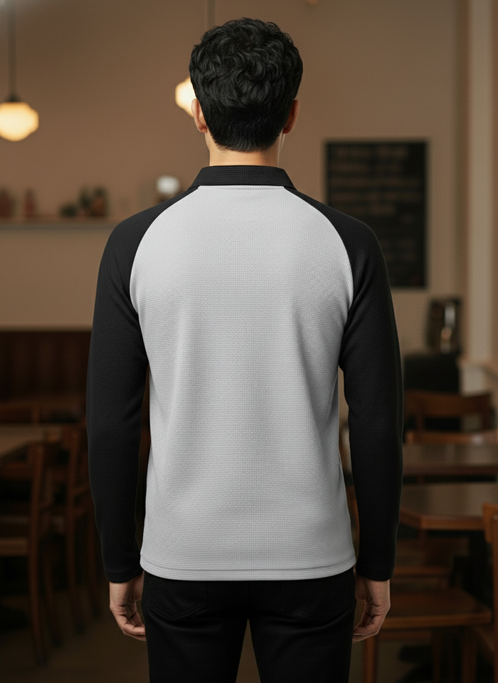 Men’s Light Gray & Black Waffle Knit Quarter-Zip Long Sleeve Polo T-shirt