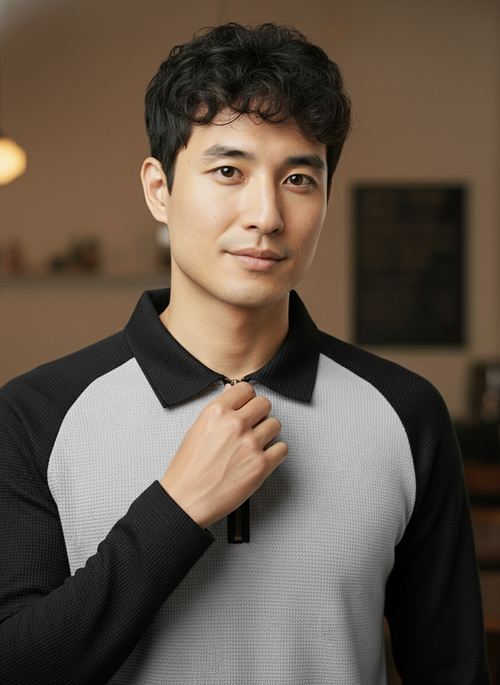 Men’s Light Gray & Black Waffle Knit Quarter-Zip Long Sleeve Polo T-shirt