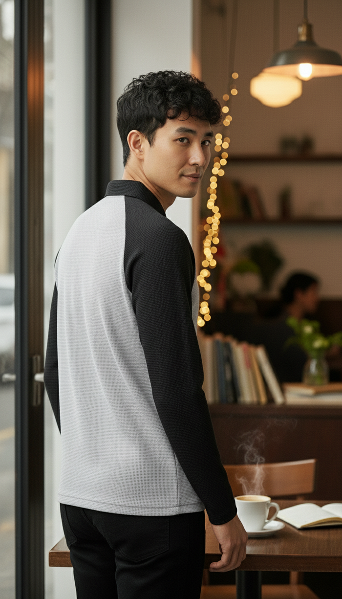 Men’s Light Gray & Black Waffle Knit Quarter-Zip Long Sleeve Polo T-shirt