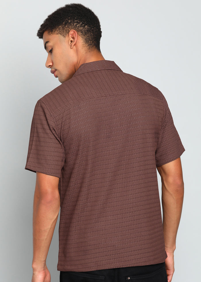 Men’s Maroon Textured Short-Sleeve Cuban Shirt with Floral Embroidery