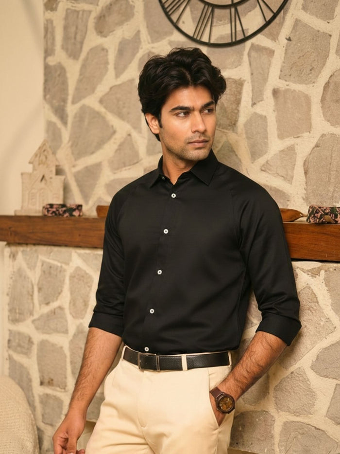 Men's Midnight Black Modern Luxe Shirt: Raglan Cut & Silky Soft Texture