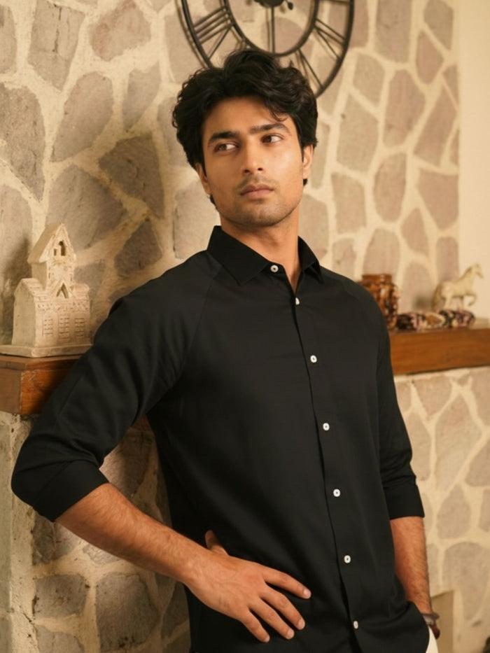 Men's Midnight Black Modern Luxe Shirt: Raglan Cut & Silky Soft Texture