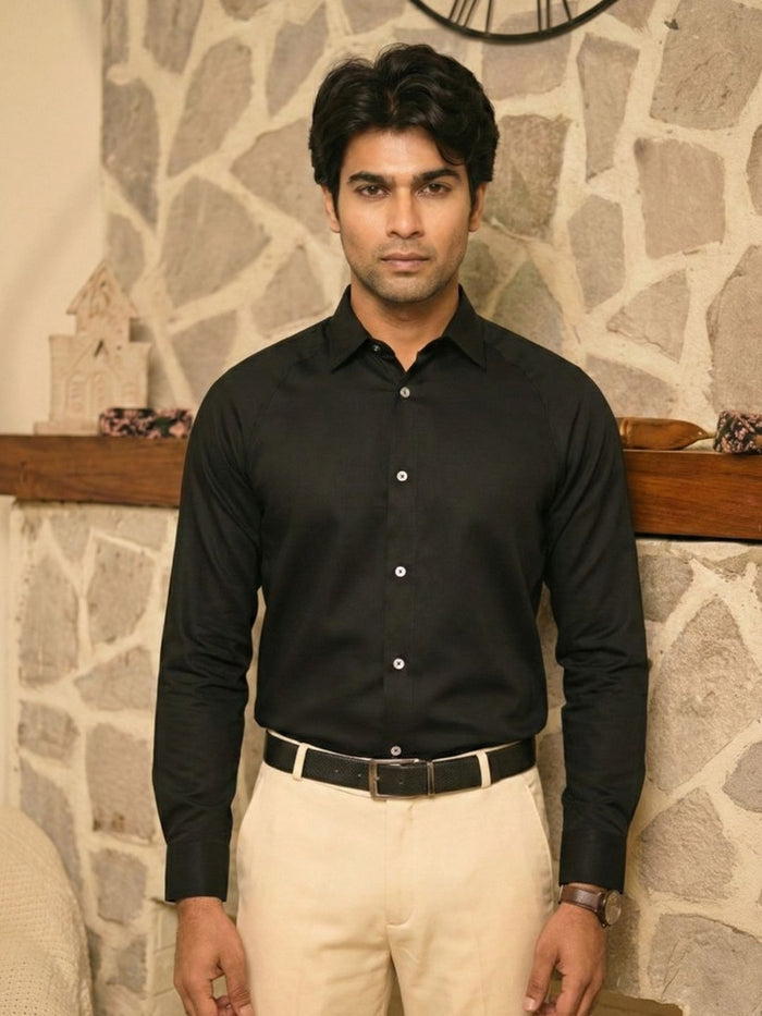 Men's Midnight Black Modern Luxe Shirt: Raglan Cut & Silky Soft Texture