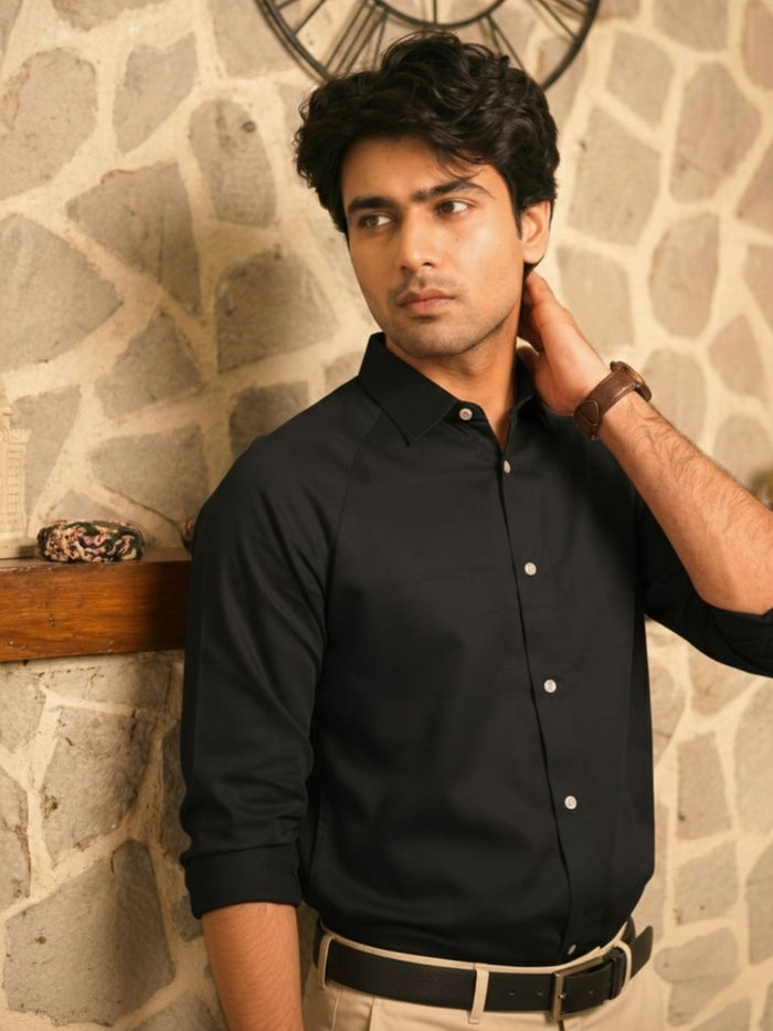 Men's Midnight Black Modern Luxe Shirt: Raglan Cut & Silky Soft Texture