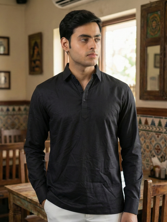 Men’s Midnight Black Premium Long Sleeve Henley Shirt with Buttoned Cuffs