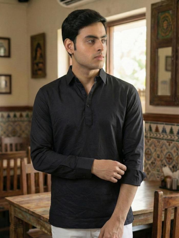 Men’s Midnight Black Premium Long Sleeve Henley Shirt with Buttoned Cuffs