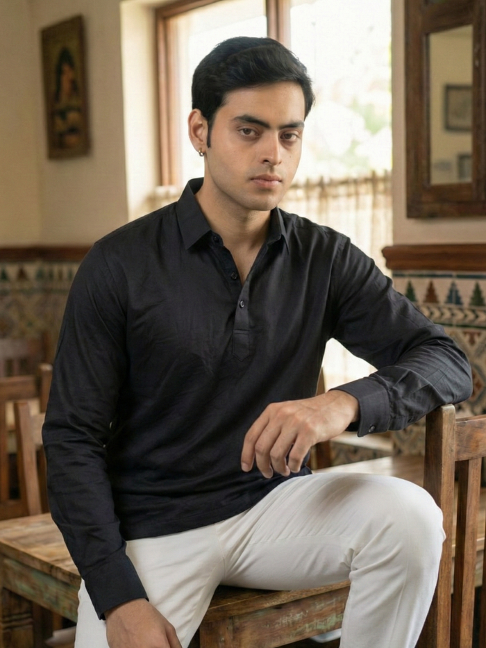 Men’s Midnight Black Premium Long Sleeve Henley Shirt with Buttoned Cuffs