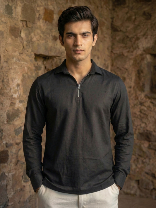 Men’s Midnight Black Premium Quarter-Zip Long Sleeve Polo Shirt