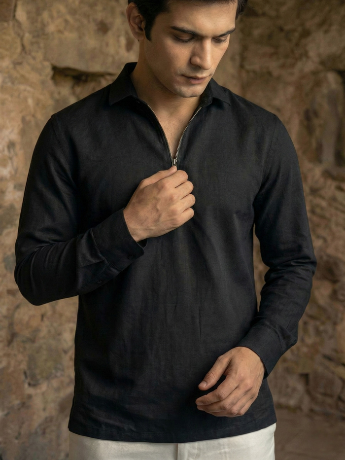 Men’s Midnight Black Premium Quarter-Zip Long Sleeve Polo Shirt