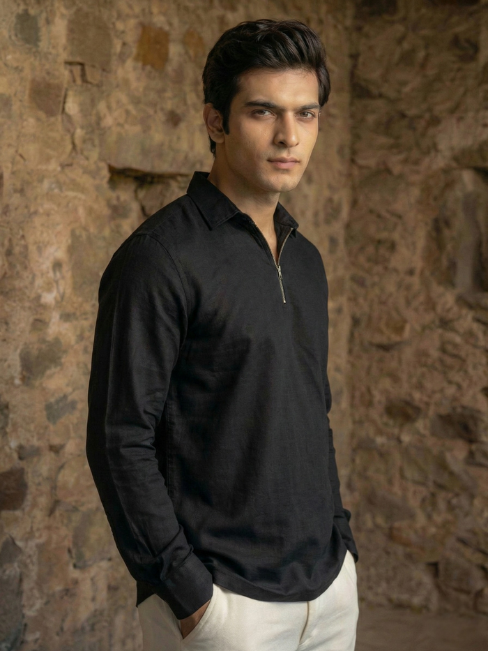 Men’s Midnight Black Premium Quarter-Zip Long Sleeve Polo Shirt
