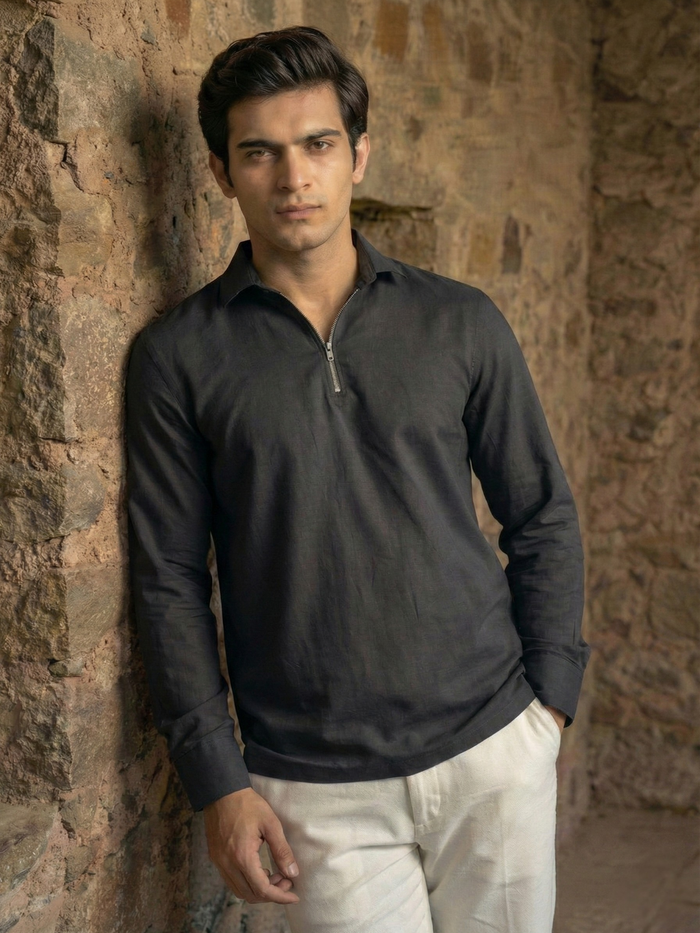 Men’s Midnight Black Premium Quarter-Zip Long Sleeve Polo Shirt