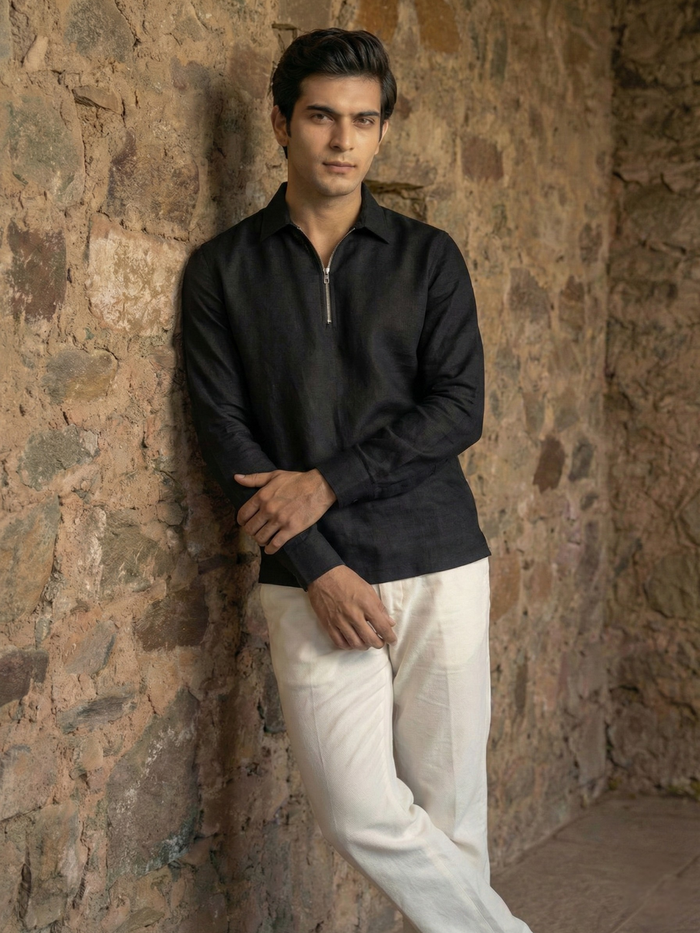 Men’s Midnight Black Premium Quarter-Zip Long Sleeve Polo Shirt