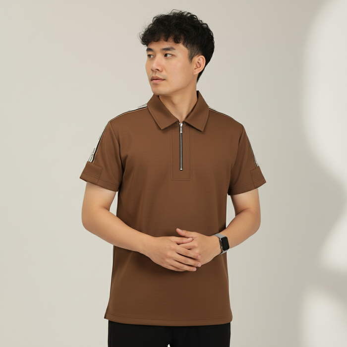 Men's Mocha Brown Premium Shoulder-Stripe Zip Polo T-Shirt